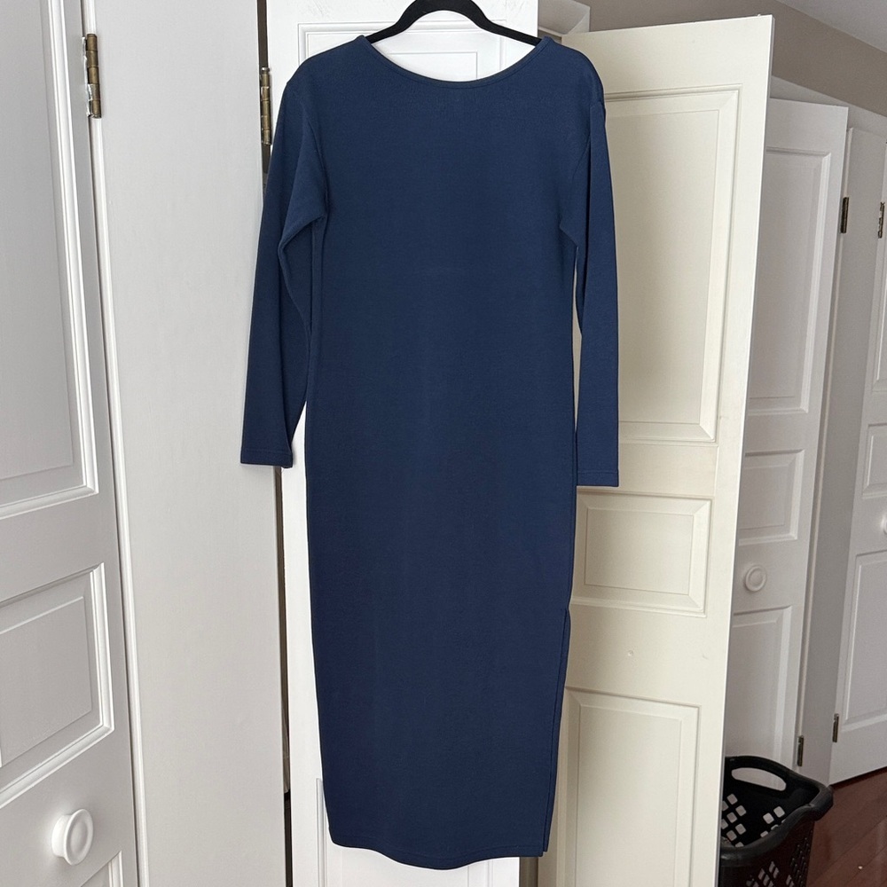Vintage Express Navy Blue Ribbed Tricot Midi Dress Size Medium Long Sleeve